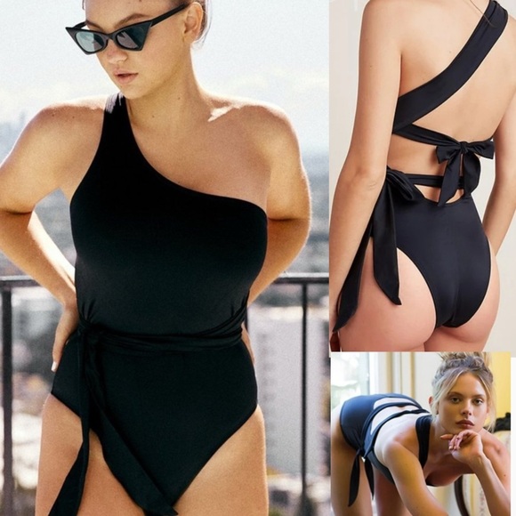 NWT HAH X Free People One Piece Swimsuit Medium 1 4 Ur Soul 1 Shoulder Black - Picture 1 of 15
